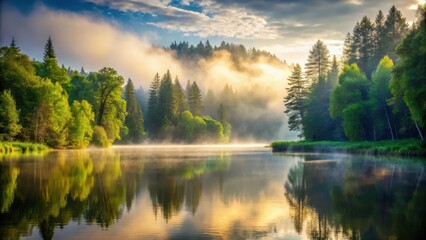 A peaceful serene landscape of a misty lake surrounded by tall trees and vibrant greenery with soft sunlight filtering through the clouds , introspection, nature