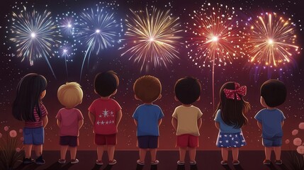 Cartoon kids watching fireworks on the 4th of July parade night