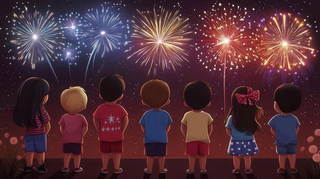 Cartoon kids watching fireworks on the 4th of July parade night