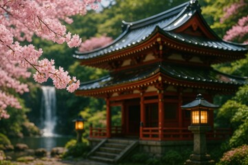 Japanese Temple with Cherry Blossom Tree, Stone Lantern, and Waterfall in Spring Forest

