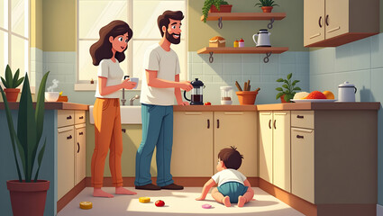 A Heartwarming Family Morning, Young Couple Enjoying Coffee as Their Baby Plays in a Bright Kitchen Filled with Natural Sunlight and Happiness