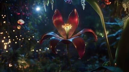 A captivating close up view of a rich red flower blooming amidst a lush verdant environment and illuminated by a magical display of colorful lights against a dark moody backdrop