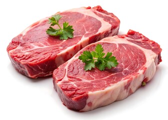 Two raw steaks are displayed isolated on white background