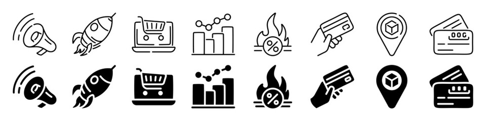 E-commerce and growth related icon set. Linear and silhouette style.