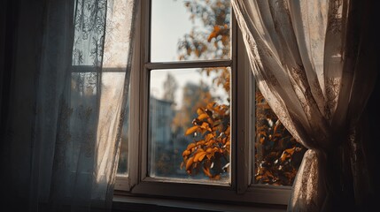 Serene Window View with Tree and Curtain