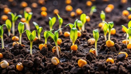 Germinated Corn in Dark Fertile Soil Close-up, microgreens, plant growth