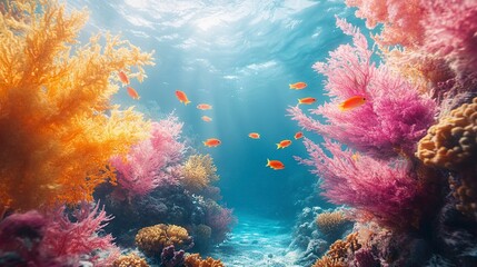 Fototapeta premium Close-up of colorful coral reef with tropical fish in clear blue water 