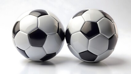 Two soccer balls are positioned side by side against a plain isolated on white background
