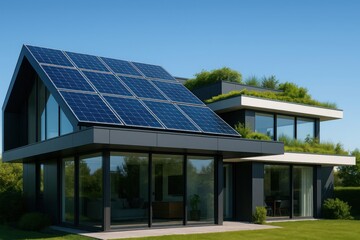 Solar House with Angled Rooftop Panels and Vertical Greenery in Modern Smart Architecture

