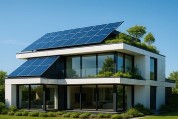 Solar-Powered Smart House with Rooftop Garden, Glass Walls, and Sustainable Design Features

