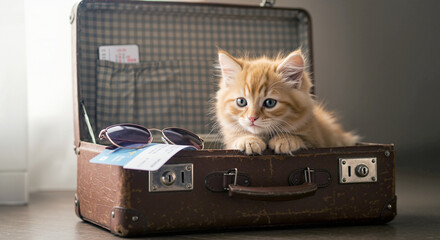 Cat sitting in open suitcase, curious and playful, indoors  