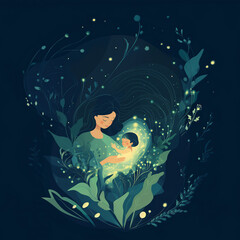 Mother and child holding a light in the darkness