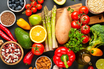 Fresh vegetables, fruits, grains, leaves and nuts.