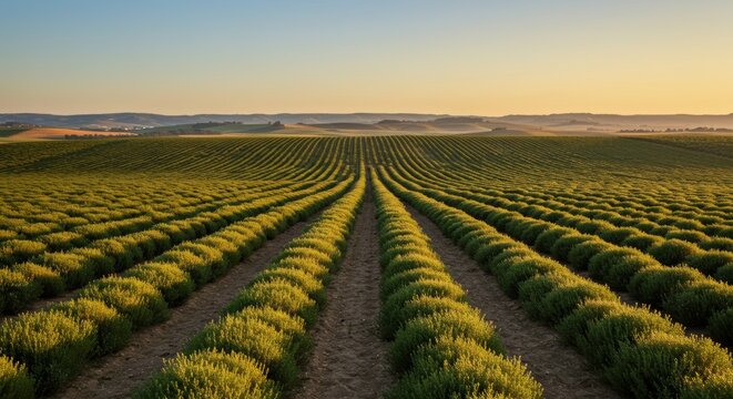 Expansive thyme fields under golden sunlight, rolling hills in background view