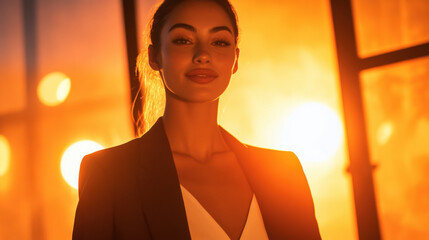 Attractive Woman in Blazer with Warm Lighting Standing Near Window at Sunset; Portrait of Elegance and Confidence