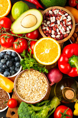 Healthy food assortment on black background.