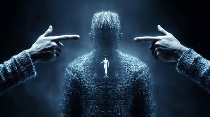 A person under the scrutiny of three judging figures.