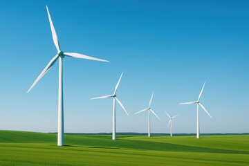 Fototapeta premium Windmill farm with multiple turbines standing in green fields under a clear blue sky