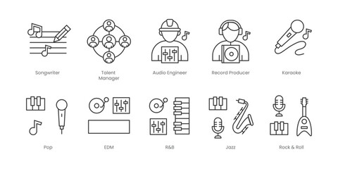 Music  Outline Icons Set – Live Band, Songwriter , Talent Manager, Edm, Karaoke, Pop, Record Producer, Indie, Jazz, R&B, Editable Stroke.