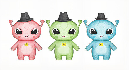 Obraz premium Trio of colorful cartoon aliens in hats for posters, kids materials or fun World UFO Day celebrations