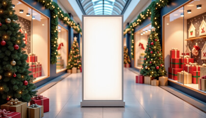 Vertical Banner Mockup. Glowing vertical banner mockup in decorated Christmas mall