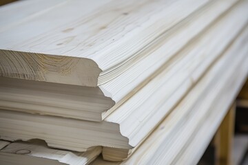 Stacked, light-colored wooden boards with sculpted edges, likely trim or molding for interior use.  Close-up view of the layered pieces