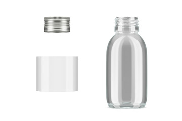 Set of glass transparent bottle for tincture and other cosmetics on a white background. Cosmetology containers. Vitamins. Glass bottle for storing essential oils, medicines. 3d render