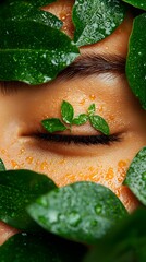 Closeup Portrait of a Woman's Face Adorned with Lush Green Leaves and Dew Drops