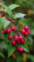 Closeup of crabapples on branch with green leaves in lush outdoor setting