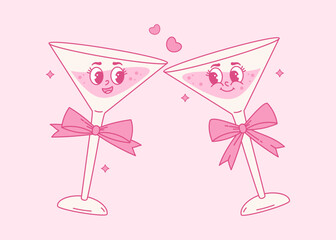 Romantic Couple Groovy Glass Cocktail. Toast. Coquette Character Drink with Vintage Pink Ribbon Bow. Aesthetic Girly Vibe. Vector illustration. Trendy festive alcoholic mascot 70s, 80s