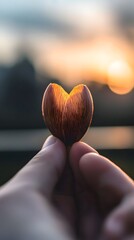 Hand Holding Heart Shaped Seed at Sunset