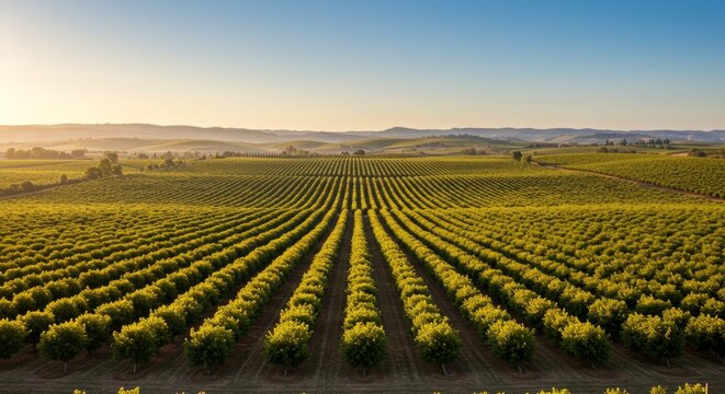 Expansive Walnut Orchard Landscape with Symmetrical Rows and Golden Light at Sunrise