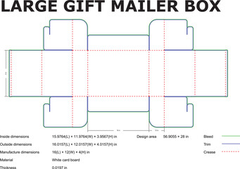Detailed diagram of a large gift mailer box with dimensions and specifications for design and packaging.