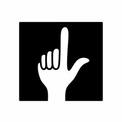 Vector graphic illustration of human hand icon with index finger pointing up inside square frame. Perfect for sign language design elements, gestures, directions, user interfaces.
