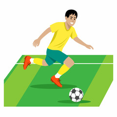 Flat design cartoon vector illustration of male soccer player in yellow and green uniform kicking the ball on the field. Perfect for sports content, soccer-themed designs, and educational materials.