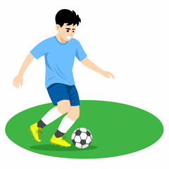 Flat design cartoon vector illustration of a boy in blue uniform dribbling a ball on a green field. Perfect for sports-themed content, kids activities, and educational materials.