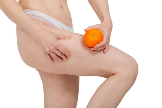 Woman puts orange on skin and pinches her thigh to see cellulite