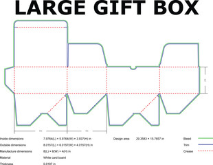 Detailed vector layout for a large gift box illustrating dimensions, design area, bleed, trim and crease instructions.