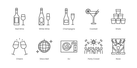 Night Club  Outline Icons Set &ndash; Cheers, Cocktail, Red Wine, Shots, Whisky, White Wine, Baller, Disco Ball, Dj, Party Crowd, Editable Stroke.