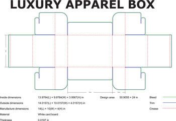 Flat design view of a luxury apparel box template showing dimensions bleed trim and crease lines for packaging.