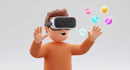 Cartoon man experiencing virtual reality with vr headset and colorful floating objects in metaverse world on transparent background