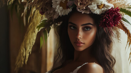 Portrait of Indian Woman with Floral Wreath Adorned with Flowers and Plants, Looking at Camera with Serene Expression