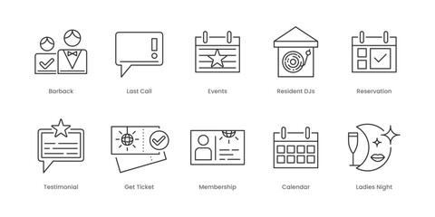 Night Club  Outline Icons Set – Bouncer, Events, Last Call, Resident Djs, Book A Table, Calendar, Get Ticket, Ladies Night, Membership, Reservation, Editable Stroke.