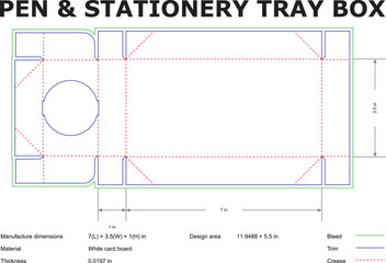 Detailed flat plan of pen and stationery tray box showing dimensions and material for professional packaging designs.