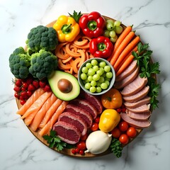 A colorful array of fresh ingredients is arranged in a circular pattern on a marble surface, highlighting various proteins, vegetables, and fruits ideal for meal preparation.