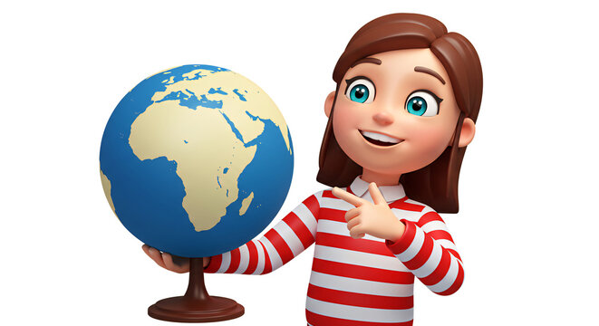 Cartoon girl showing globe learning geography education world map earth continents countries travel study 3d art on transparent background