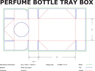 Detailed vector blueprint design of a perfume bottle tray box with measurements and design specifications for packaging production