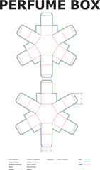 Detailed top view illustration of a perfume box cutting template with bleed and crease lines for packaging design
