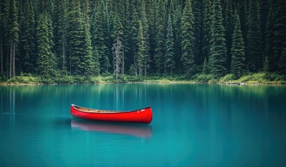 Calm lake, red canoe, tranquil forest