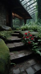 Obraz premium Stone Steps with Moss and Flowers Leading to a Modern Building Exterior in the Woods
